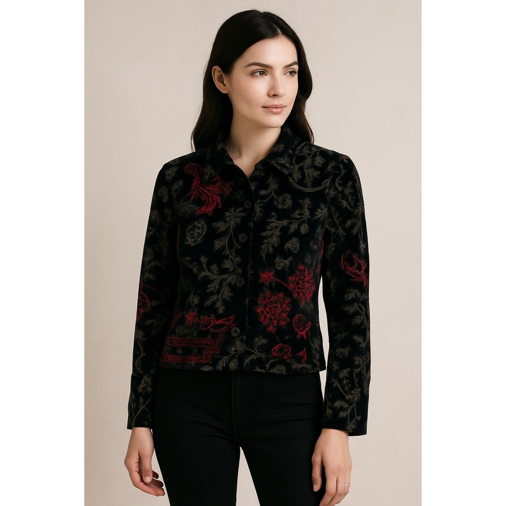 Chico's Dark Academia Artsy Boho Grunge Jacket sz 0‎ Sm Black Embroidered Lined